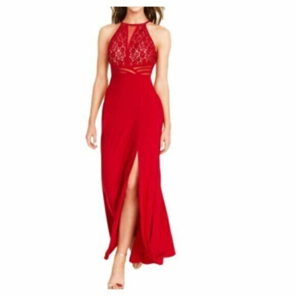 Morgan & Co Red Lace Halter Maxi Dress Size 3 – Open Back Formal Gown‎ - Picture 1 of 12
